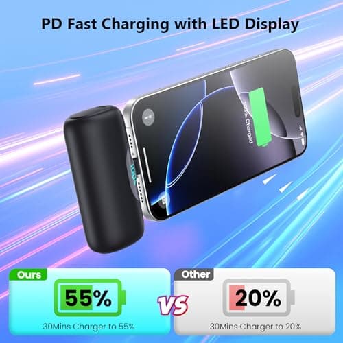 Mini Portable Charger for iPhone 17/16, 5500mAh LCD Display USB C Power Bank,Fast Phone Charging Travel Pocket Size Battery Pack for iPhone 17/17 Pro/17 Pro Max/Air/16/15 Series,Android,etc-Dark Black — view 3