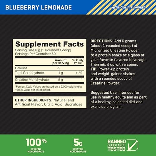 Optimum Nutrition Creatine, Micronized Creatine Monohydrate Powder, Supports Strength & Recovery, Banned Substance Tested, Blueberry Lemonade Flavor, 5g per serving, 60 Servings — view 2