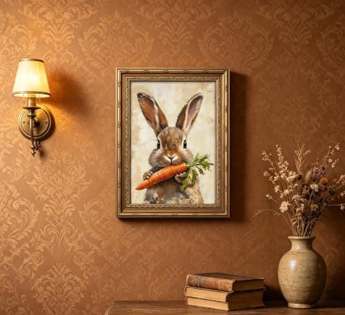 Gold Framed Rabbit Wall Art Vintage Easter Canvas Painting Picture Wall Decor Countryside Farmhouse Animal Poster Print Artwork ForSuitable For Bedroom Living Room Other Home Decoration — view 3