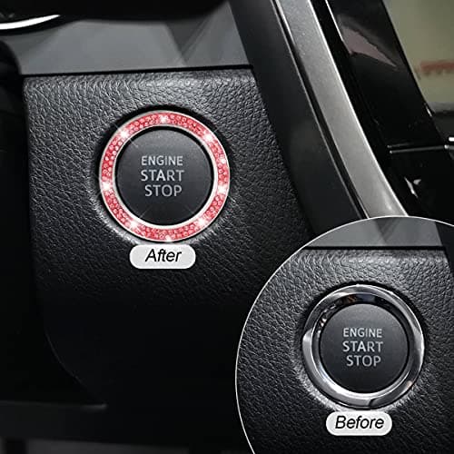 Car Bling Crystal Rhinestone Engine Start Ring Decals, 2 Pack Car Push Start Button Cover/Sticker, Key Ignition Knob Bling Ring, Sparkling Car Interior Accessories for Women (Red) — view 4