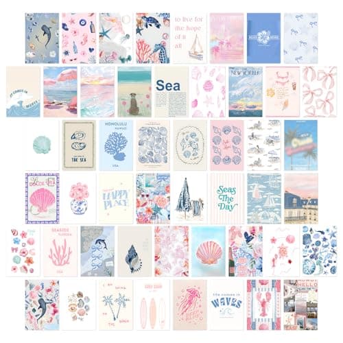 KBKBART Coastal Granddaughter Room Decor, Pink and Blue Wall Collage Kits, 50 Pcs 4x6 Inch Beachy Aesthetic Wall Art Prints Posters, Coastal Cowgirl Room Dorm Wall Decor for Teen Girls