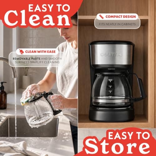 Gourmia 5 Cup One-Touch Drip Brew Coffee Maker – Pause and Serve, Automatic Keep Warm, Easy View Water Window, Compact, Stainless Steel Accents, Black — view 9