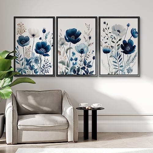 NWT Framed Canvas Print Wall Art Set Navy Blue Wildflower Lily Daisy Garden Nature Wilderness Illustrations Modern Art Decorative Minimalist Floral Botanical Flowers for Bedroom - 16"x24"x3 Black — view 3