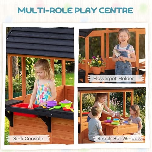 Qaba Outdoor Playhouse for Kids, Wooden Garden Games Cottage with Table, Benches, Sink Table, Snack Bar Window and Flowerpot Holders, for Ages 3-8, Light Brown — view 2