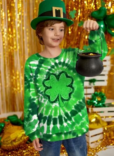 BesserBay Unisex Kids Boy Girls St. Patrick's Crew Neck Long Sleeve Casual Sweatshirt Green Tie Dye Clover 5-6 Years — view 3
