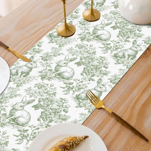 Heyfary Chinoiserie Easter Table Runner Toile de Jouy Vintage Green and White Bunny Spring Party Decoration Home Kitchen Dining Room Table Decor (Green, 13" x 72") — view 5