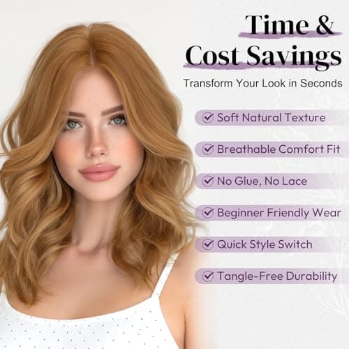 BARSDAR Short Wavy Natural Red Wig - Shoulder Length Wavy Ginger Wigs for Women - Short Body Wave Auburn Layered Wig with Face-Framing Curtain Bangs Soft Synthetic Natural Looking Daily Party — view 3