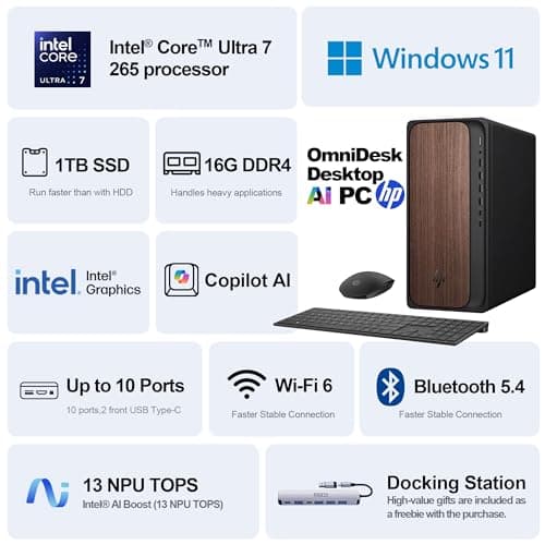 HP OmniDesk Desktop Computer, Intel Core Ultra 7 265, 16GB DDR5 512GB SSD, Sleek Dark Wood Design, AI-Ready Performance, Windows 11 Pro with Dockstation — view 2