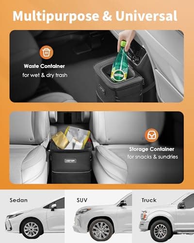 HOTOR Car Trash Can with Lid and Storage Pockets - 100% Leak-Proof Organizer, Waterproof Garbage Can, Multipurpose Trash Bin for Car, 2 Gallons, Black — view 5