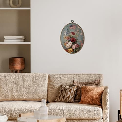 OINDADE 4th of July American Flag Flower Oval Wall Art Decor, Vintage Patriotic Floral Wall Art Hanging Decor, Cottagecore Flower American Flag Framed Canvas Artwork for Living Room, 8.8x11.5in