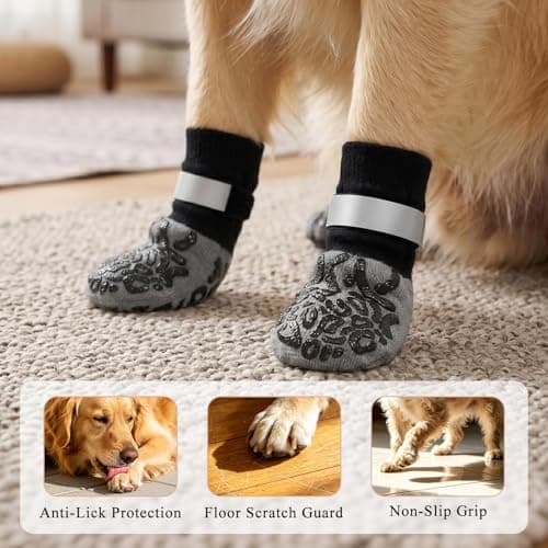 Anti Slip Dog Socks to Prevent Licking Paws Reflective Safety Dog Shoes for Hot Pavement Winter Dogs Boots & Paw Protectors with Grippers for Hardwood Floors Small Medium Large Dogs (Leopard Print, L) — view 3