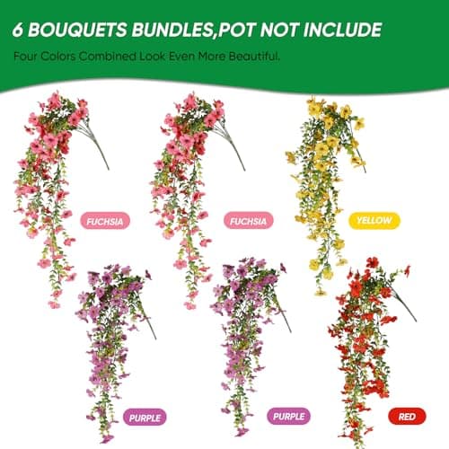 Wanderroot 6 Bundles Artificial Flowers for Outdoors, UV Resistant Fake Hanging Flower, Realistic Silk Flowers for Indoor Outside Garden Patio Balcony Farmhouse Porch (Fuchsia, Red, Purple, Yellow) — view 2
