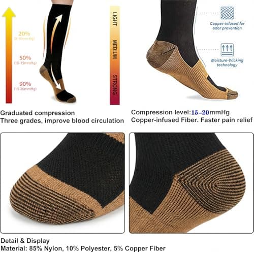 Sooverki Copper Compression Socks for Men & Women 8 Pack 15-20mmHg - Knee High Stockings Best Support for Running Athletic Work Travel Black Wide Calf Nylon plain gifts medias — view 3