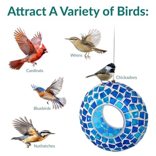 Sunnydaze 6-Inch Glass Mosaic Hanging Bird Feeder for Outdoors - Fly-Through Glass Bird Feeder for Cardinals, Jays, Finches and More - Blue Mosaic — view 4