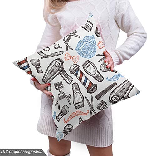 Lunarable Retro Fabric by The Yard, Barber Shop Accessories Monochrome Doodle Style Composition and Beard with Mustache, Decorative Fabric for Upholstery and Home Accents, 1 Yard, Blue Red — view 4