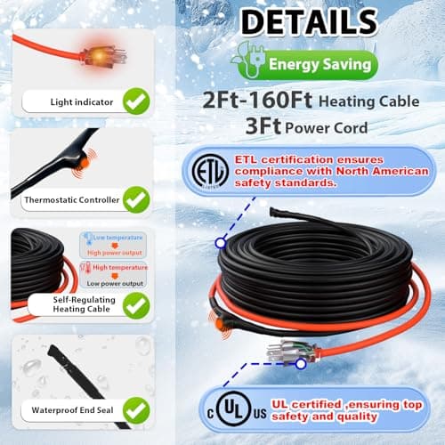 HEATIT JHSF 60ft Pipe Heat Cables for Metal and Plastic Home Pipes, Energy-efficient, Self-Regulating Heat Trace Cable for Pipe Freeze Protection, Keeps Water Flowing at -40°F, ETL Listed, 120V — view 7