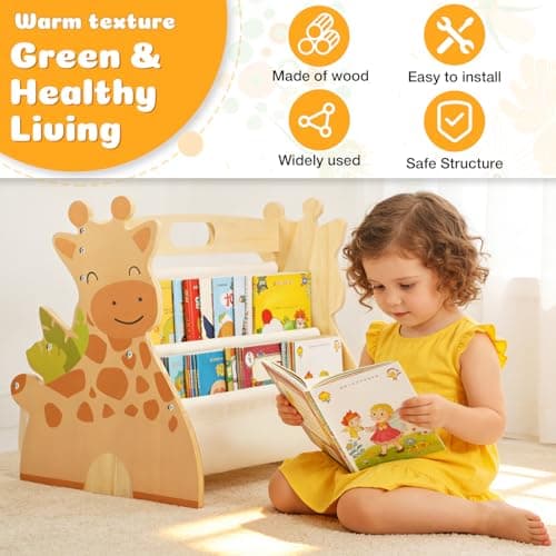 Kids Bookshelf Double Sided 4 Tier Portable Wood Toddler Montessori Book Shelf for Kid Room Nursery Bedroom Playroom — view 5