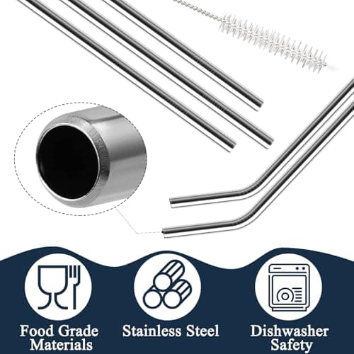 Lydnvjx 12 Pack of Reusable Stainless Steel Metal Straws, 3 Straight + 3 Bent 10.5 Inch and 3 Straight + 3 Bent 8.5 Inch Metal Straws with 2 Cleaning Brushes for 20 24 30 oz Tumbler Dishwasher Safef — view 2