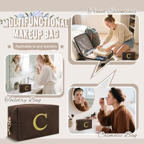 Personalized Initial Makeup Bag,Preppy Suede Cosmetic Bag for Teen Girls,Small Monogram Travel Toiletry Bag With Gold Embroidered Letter,Trendy Stuff Custom Christmas Gift for Women(Coffee-C) — view 5