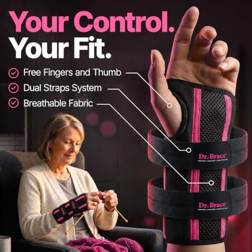 DR. BRACE Adjustable Wrist Brace Night Support for Carpal Tunnel, FSA & HSA Eligible, Doctor Developed, Upgraded with Double Splint & Therapeutic Cushion, Hand Brace for Pain Relief, Injuries, Sprains (S/M Right Hand, Black-Pink) — view 4