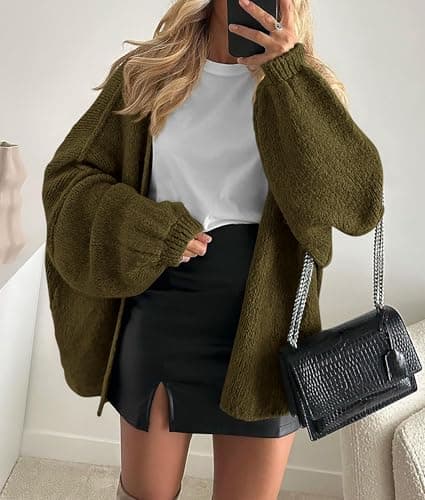 PRETTYGARDEN Womens Oversized Cardigan Sweaters 2026 Fall Long Lantern Sleeve Knit Open Front Lightweight Sweater (Army Green,Small)