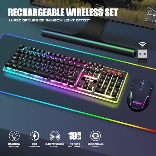 RedThunder K10 Wireless Gaming Keyboard and Mouse Combo, RGB Backlit Rechargeable 3800mAh Battery, Anti-ghosting Keyboard + 7D 3200DPI Mice for PC Gamer (Black)
