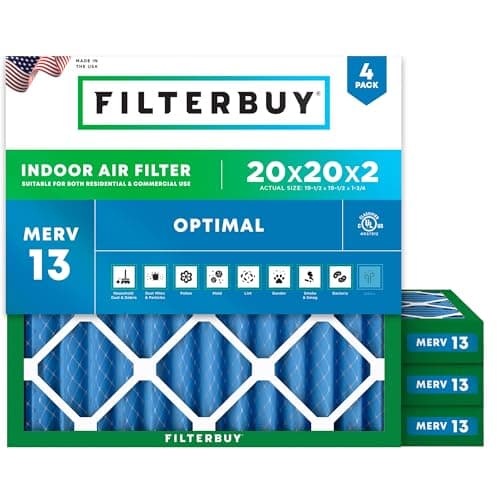 Filterbuy 20x20x2 Air Filter MERV 13 Optimal Smoke & Allergy Defense (4-Pack), Electrostatic Pleated HVAC AC Furnace Filters Replacement, Made in USA (Actual Size: 19.50 x 19.50 x 1.75)