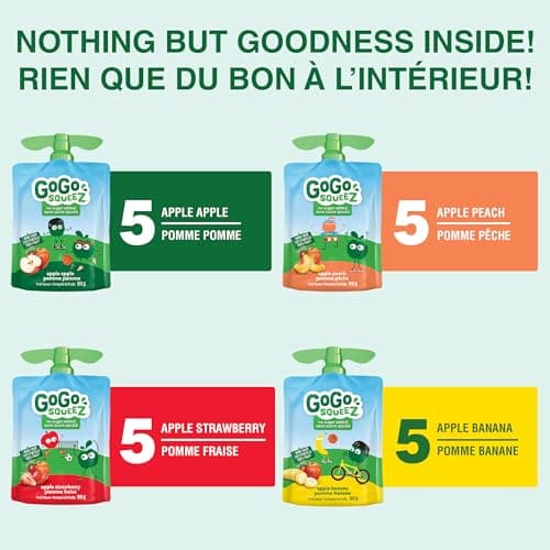 GoGo squeeZ Fruit Sauce Variety Pack, Apple, Strawberry, Peach, Banana, No Sugar Added. 90g per pouch, Pack of 20 — view 2