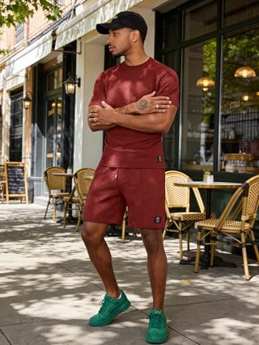 UOUA Mens Short Sets 2 Piece Summer Outfits Casual Short Sleeve Crew-Neck Shirts & Shorts Track Suit Jogging Loungewear, Wine Red 2XL — view 3