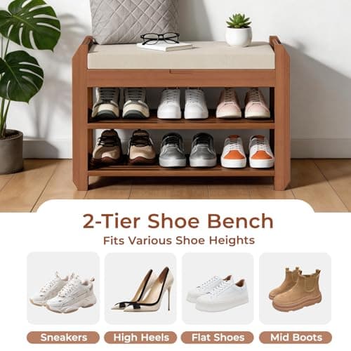 ACSWOD 27.6" Bamboo Shoe Bench with Cushion, 2-Tier Storage Bench for Entryway, Heavy Duty Shoe Rack Organizer with Removable Soft Cushion for Living Room Bedroom Hallway — view 2