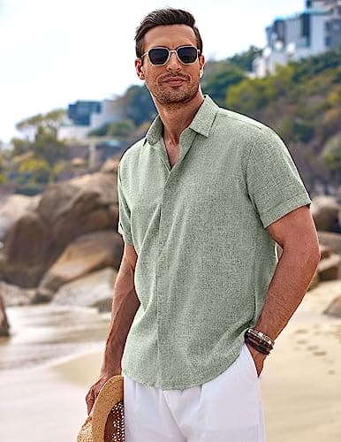 COOFANDY Men's Linen Shirts Short Sleeve Casual Shirts Button Down Shirt for Men Beach Summer Wedding Shirt, Light Green, X-Large — view 2