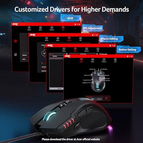 Acer Wired Gaming Mouse, 12800 DPI RGB Computer Mouse with High Optical Sensor, Ergonomic Mouse Customized 6 Programmable Buttons, 12 Backlights, and Rapid Fire Button with Driver for Laptop, PC, Mac — view 4