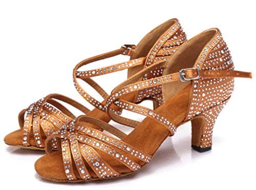 Minishion Women's Rhinestone Dance Shoes Ankle Strap Latin Salsa Dancing Heels, L377 Bronze 6cm Heel, 5 — view 6