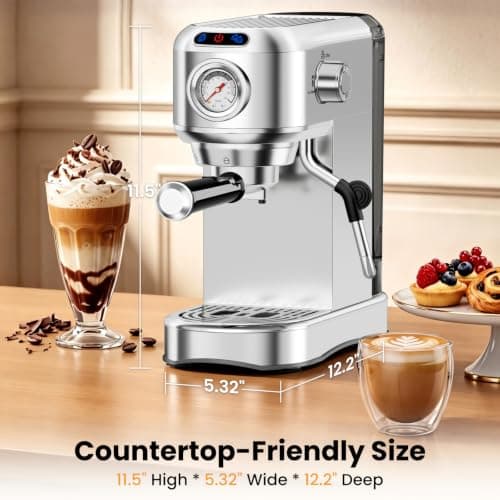 AERCANA Espresso Machine 20 Bar, Compact Espresso Coffee Machine with Milk Frother, Stainless Steel Coffee Maker with 34oz Removable Water Tank, Cappuccino Machine for Home, Office, Latte (Silver)