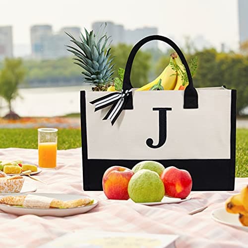 TOPDesign Embroidery Initial Canvas Tote Bag, Personalized Present Bag, Suitable for Wedding, Birthday, Beach, Holiday, is a Great Gift for Women, Mom, Teachers, Friends, Bridesmaids (Letter J) — view 2