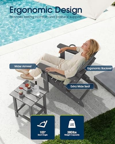 MUCHENGHY Folding Adirondack Chairs, Patio Chairs, Lawn Chairs, Outdoor Chair, Adirondack Chair Plastic, Fire Pit, Weather Resistant with Cup Holder for Deck, Backyard, Garden(Gray) — view 3