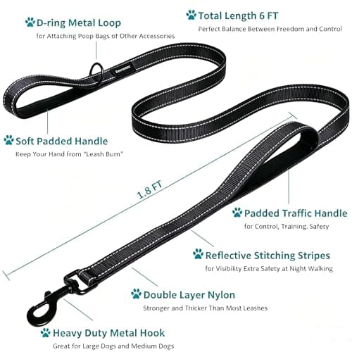 Dog Leash Heavy Duty - 2 Handles by Padded Traffic Handle for Extra Control, 6foot Long - Perfect for Medium to Large Dogs (6 ft, Black Blue)