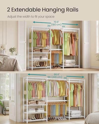 SONGMICS Heavy-Duty Clothes Rack, Extendable Garment Rack, Portable Closet with Adjustable Mesh Shelves and Hanging Rails, Hooks, 15.8 x 69.7-86.6 x 76.4 Inches, White ULGR438WZ01S — view 3