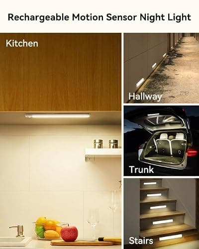 Rihvy Under Cabinet Lights 8 Inch 3-Pack, Rechargeable Battery Operated Motion Sensor Light Indoor, Dimmable Closet Lights, Wireless Under Counter Lights for Kitchen, Stairs — view 5