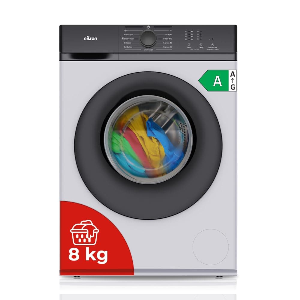 Nilson Lavadora 8Kg Carga Frontal Blanco NL8200AI. 1600W, 1200rpm, Motor Inverter, 11 Programas, Función Stop&Go, Tambor Diamante, Clase de Eficiencia Energética A