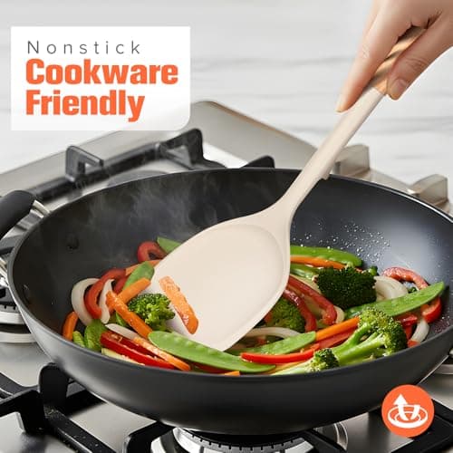 Silicone Cooking Utensils Set of 10 with Wooden Handle,No Scratch for Nonstick Cookware Slotted Spoon&Spatula,Solid Spoon&Spatula,Large Measuring Ladle,Brush,Rice Paddle,Baking Turner&Flipper (Khaki) — view 2