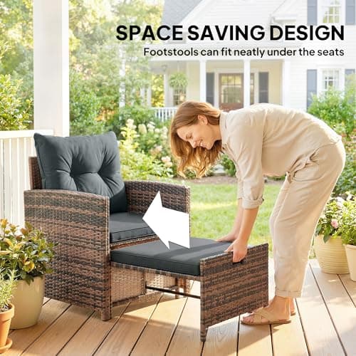 Outsunny 5 Piece Patio Furniture Set, Wicker Patio Chairs with Ottomans, 2-Tier Glass Coffee Table, Cushions, Outdoor Furniture Conversation Set for Balcony, Brown/Dark Grey — view 2