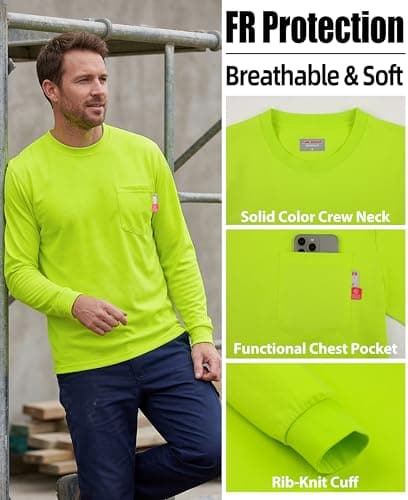 KONRECO FR Tee Shirts High Visibility Lightweight 6oz Long Sleeve Hi-Vis Flame Resistant Safety Shirts CAT 2, Yellow, Small — view 3