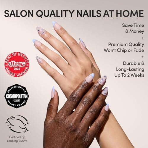 Glamnetic Press On Nails - Bluebelle | Short Almond Fake Nails with Pale Blue French Tips & 3D Blueberry Accents on Semi-Sheer Base, Glossy Finish, Salon Quality | 15 Sizes - 30 Nail Kit with Glue
