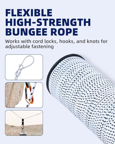 Bungee Cord - 1/8 Inch x 100 Feet - Elastic Shock Cord, Stretch Rope for Kayak, Crafts, Tie-Downs, DIY Projects - Flexible, High-Strength Bungee Rope (White with Black Trace)