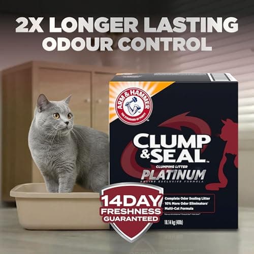 ARM & HAMMER Platinum Cat Litter, Clump & Seal, EXTRA STRENGTH Complete Odour Sealing with 14 Days of Odour Control, Multi-Cat, Hard Clumping Clay, 99.99% Dust Free, 18.14kg