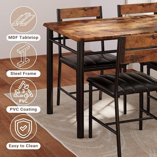 IRONCK Dining Table Set for 4, Wood Kitchen Table with Upholstered Chairs for Kitchen Room and Small Spaces (Rustic Brown) — view 6