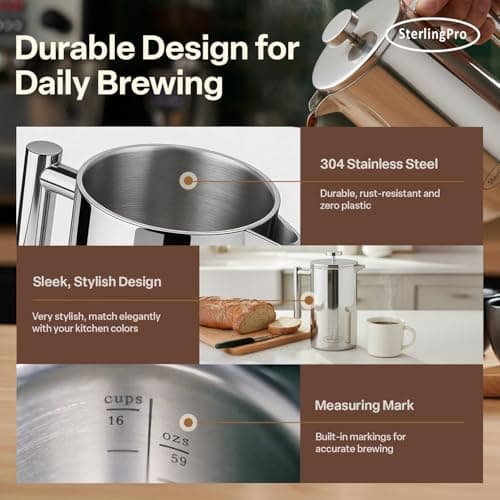 SterlingPro Extra Large Insulated Stainless Steel French Press Coffee Maker 59oz – Insulated Metal XL Double Wall Coffee Maker | Plastic Free | Cool-Touch | Mirror Finish | Makes up to 16 Cups /8 Mugs — view 5