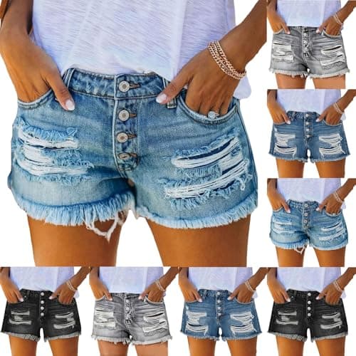 Women's Ripped Denim Jean Shorts Mid Rise 2026 Summer Light Blue
