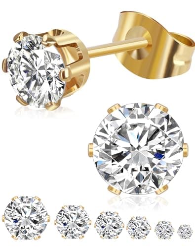 6 Pairs Stud Earrings Set, Hypoallergenic Cubic Zirconia Earrings, Silver 14K Gold Plated 316L Stainless Steel CZ Earring for Women Men 3-8mm (Gold - 6 Pairs)